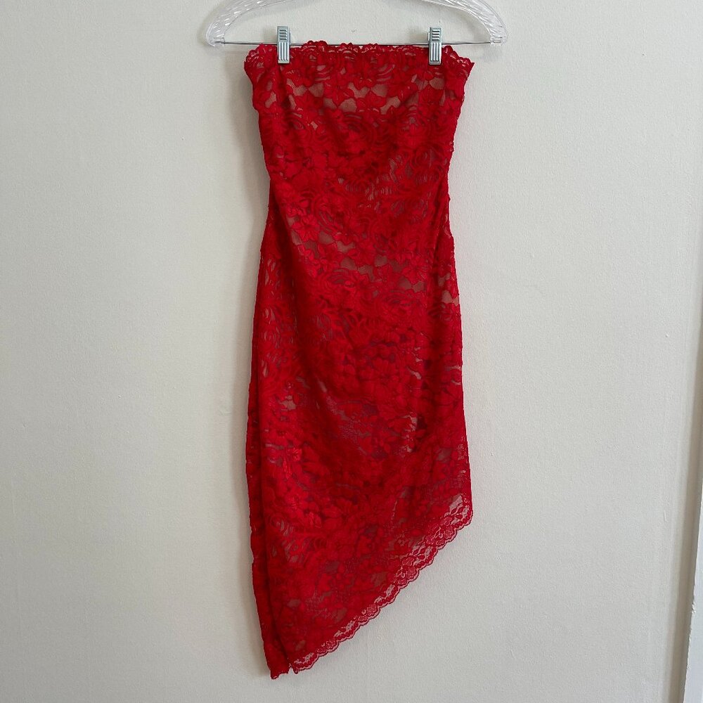 bebe Strapless Asymmetrical Red Lace Dress Size Small